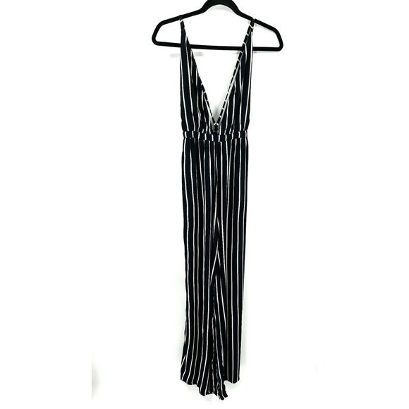 FAITHFULL THE BRAND Navy Blue White Striped Deep V-Neck Wide Leg Jumpsuit Medium - Picture 5 of 11